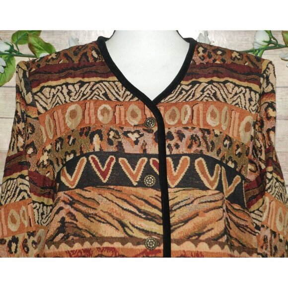 Stonebridge Brown Tapestry Button Up Jacket Size L Animal Print  Velvet Trim - Picture 2 of 12